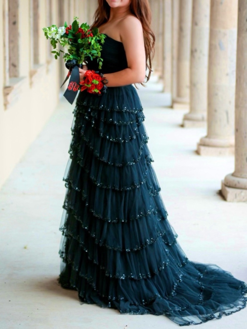 Sherri Hill dress 56159 Strapless Black Ruffled Evening Gown - Picture 2 of 4